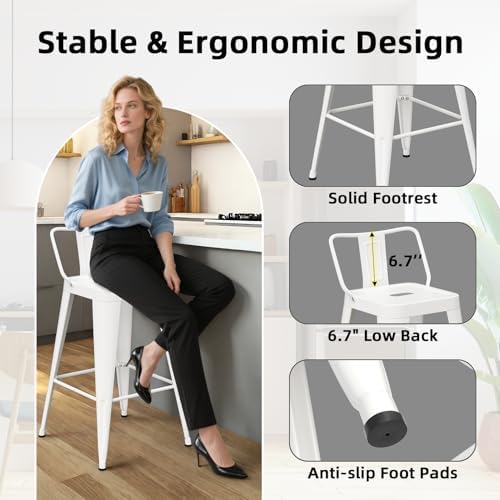 26”Metal Bar Stools Set of 4, Counter Height Stools with Removable Back, White Barstools for Kitchen Island