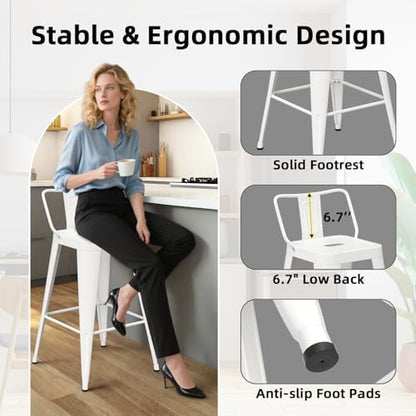 26”Metal Bar Stools Set of 4, Counter Height Stools with Removable Back, White Barstools for Kitchen Island