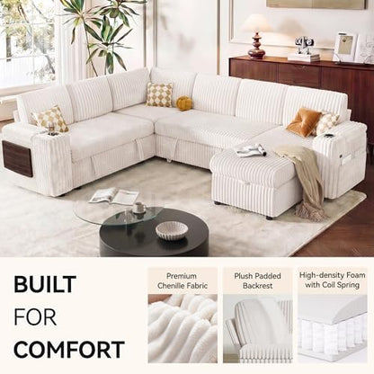 Modular Sectional Sleeper Sofa with Pull Out Bed, 86”L Shaped, Ivory