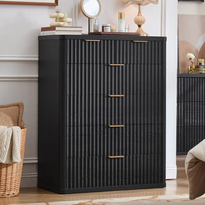 LEYAOYAO Fluted 6 Drawers Dresser for Bedroom, 42" Tall Modern Chest of Drawers with Metal Handle, Curved Profile Design,Black Wood Drawer Organizer for Bedroom, Living Room, Hallway, Entryway