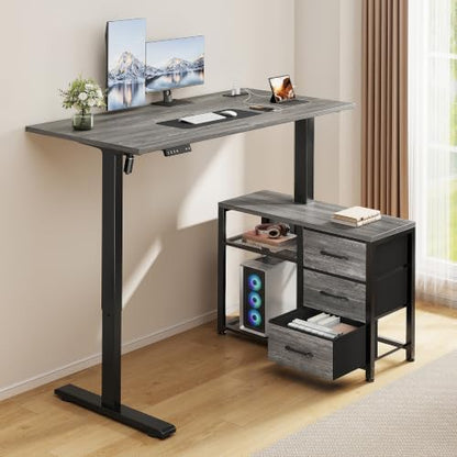 47 Inch L Shaped Desk with 3 Drawers Electric Standing Desks with Storage Computer Table Adjustable Height with Power Outlets 4 Memory Presets for Home Office, Grey