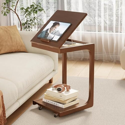 AQIMUELE Wooden C-Shaped End Table,Couch Table with Adjustable Desktop,Small Rolling Side Table with 2 Lockable Wheels,Small End Table for Couch, Living Room,Bedroom (Walnut)