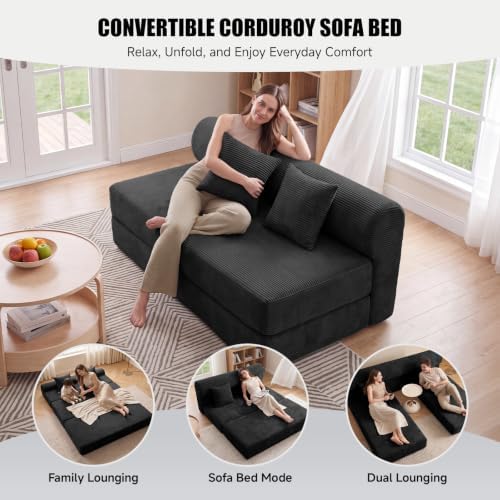 59" Convertible Sofa Bed, Corduroy Loveseat Sleeper Sofa with Pocket Springs, Foldable Floor Futon Couch with Removable Machine-Washable Cover, 2 Pillows, No Assembly, Black