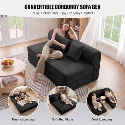 59" Convertible Sofa Bed, Corduroy Loveseat Sleeper Sofa with Pocket Springs, Foldable Floor Futon Couch with Removable Machine-Washable Cover, 2 Pillows, No Assembly, Black