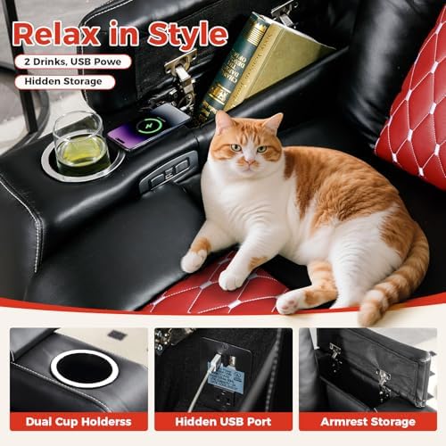 ANJ Power Recliner Chair Set of 3,Home Theater Seating with Adjustable Headrest,Cup Holders,USB Port,Hidden Arm Storage(Black)