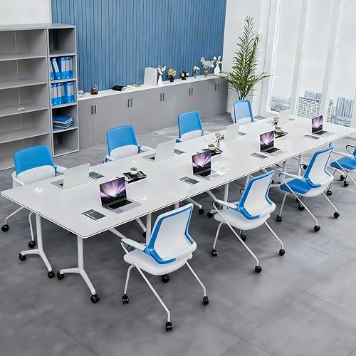 Folding Conference Table, Conference Room Tables with Wheels Foldable Large Rectangle Meeting Seminar Table for 6-12 People, Flip Top Mobile Training Table for Office Classr (4, White 2, 55.1in)