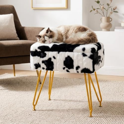 Multifunctional Vanity Stool Chair for Vanity, Padded Seat, Storage Ottoman in Rectangle Fuzzy Fluffy Design, Footrest and 4 Gold Legs for Makeup Room, Bedroom, Living Room, Cow