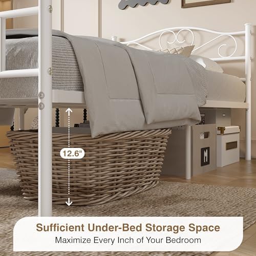 VECELO 14 Inch Twin Size Metal Platform Bed Frame with Headboard and Footboard, Heavy Duty Mattress Foundation with Steel Slats Support, No Box Spring Needed, White