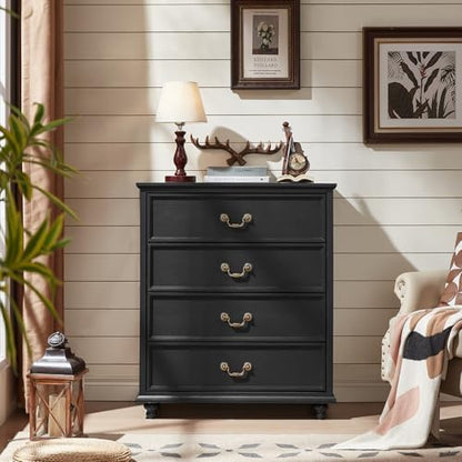 Joaxswe Farmhouse 4 Drawer Dresser Set of 2 for Bedroom, 37" Tall Rustic Chests of Drawers w/ 4 Solid Wood Feet, Mid Century Vintage Wooden Closet Storage Dressers Organizer for Living Room, Black