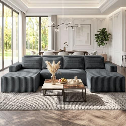 113 Inch Corduroy Boneless Cloud Sectional Sofa, Tatami Style Modular, Vertical Striped Frameless Deep Seat, Plush Cushions with Side Storage, Compressed No Assembly for Living Room & Apartment
