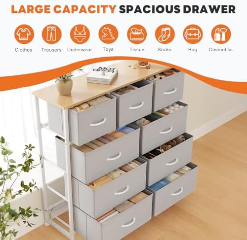 Sweetcrispy 9 Drawer Fabric Dresser Storage Tower Organizer, Light Grey