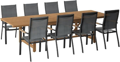 Amazonia Franklin 9-Piece Teak Finish Wood and Aluminum Rectangular Extendable Patio Dining Set | 100% Teak from Indonesia Armrests | Ideal for Outdoors and Indoors