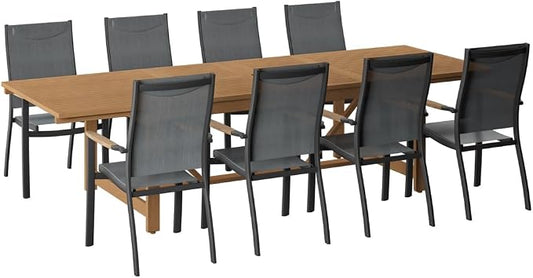 Amazonia Franklin 9-Piece Teak Finish Wood and Aluminum Rectangular Extendable Patio Dining Set | 100% Teak from Indonesia Armrests | Ideal for Outdoors and Indoors