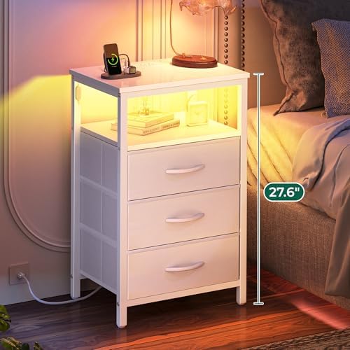 Huuger Night Stand with Charger Station and LED Lights, 3 Drawer Nightstand