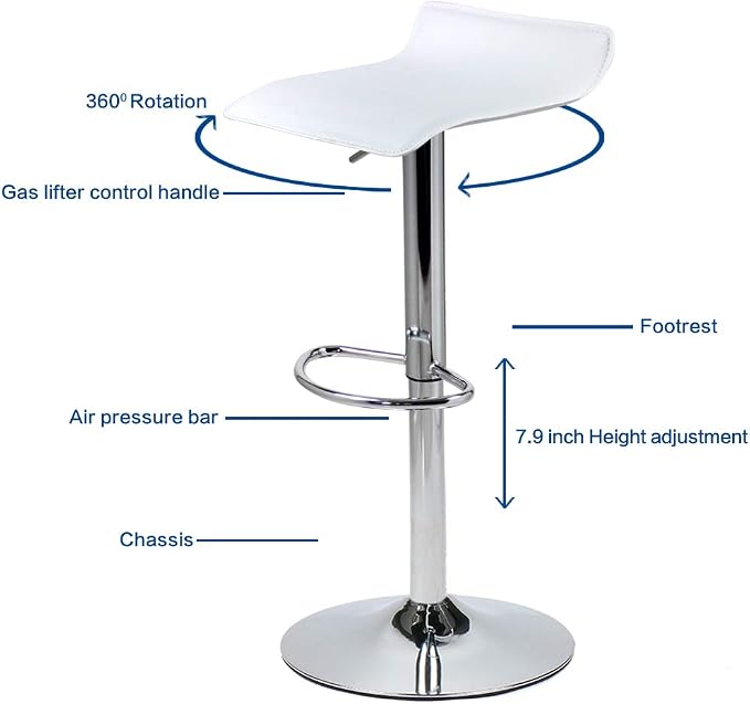 Set of 2 Barstool, Adjustable Swivel Bar Stools with PU Leather and Chrome Base, Gaslift Pub Counter Chairs, White