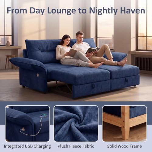85" Convertible Queen Pull Out Sleeper Sofa Bed with USB Port, Blue