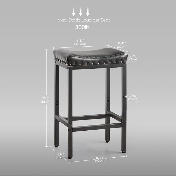 Forteek Counter Height Bar Stools, 25.5 Inch, Industrial Vintage Bar Stool with Nailhead, Faux Leather Barstool with Footrest, Saddle Stool for Kitchen Island, Dining Room, Easy Assembly