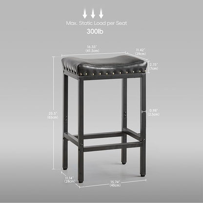 Forteek Counter Height Bar Stools, 25.5 Inch, Industrial Vintage Bar Stool with Nailhead, Faux Leather Barstool with Footrest, Saddle Stool for Kitchen Island, Dining Room, Easy Assembly