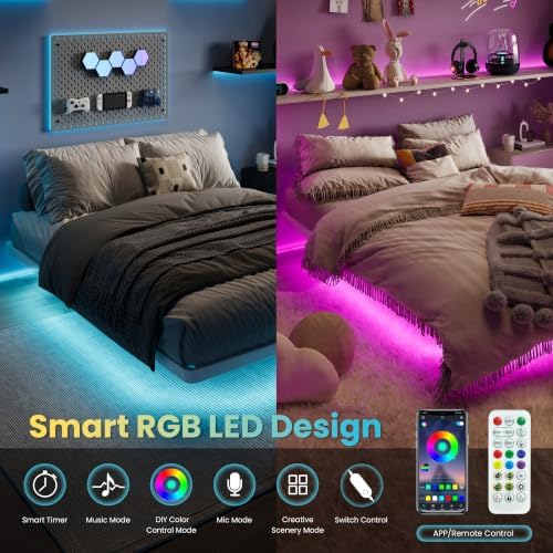 SHA CERLIN Full Size Floating Bed Frame with Smart LED Lights, White