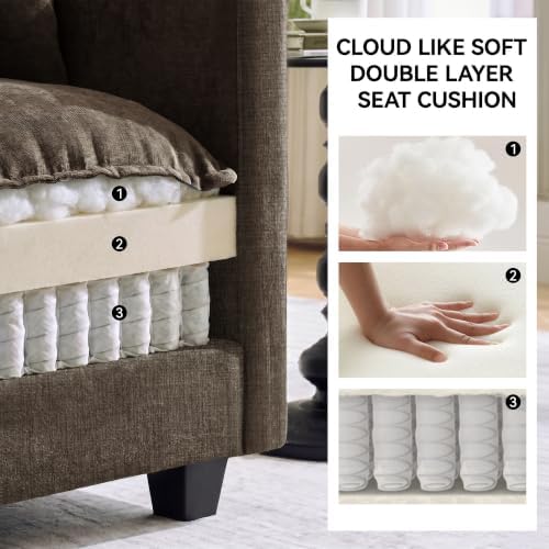 72'' Cloud 3 Seater Couch with 2 Ottomans, U Shaped Sofa with 3 Throw Pillows, Modern Sectional Couches with Deep Seat, Modular Sofas for Living Room, Bedroom, Small Apartment, Brown