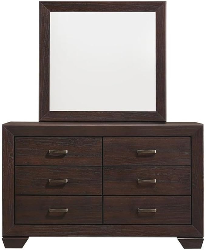 MAKLAINE 4-Piece Wood Eastern King Bedroom Set, Brown and Dark Cocoa Finish, Faux Leather Upholstered Bed, Mirror, Nightstand, Dresser, Mid-Century Modern Style Furniture for Bedroom Decor