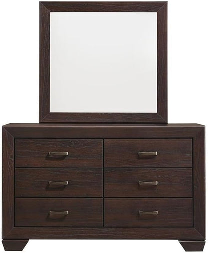 MAKLAINE 4-Piece Wood Eastern King Bedroom Set, Brown and Dark Cocoa Finish, Faux Leather Upholstered Bed, Mirror, Nightstand, Dresser, Mid-Century Modern Style Furniture for Bedroom Decor