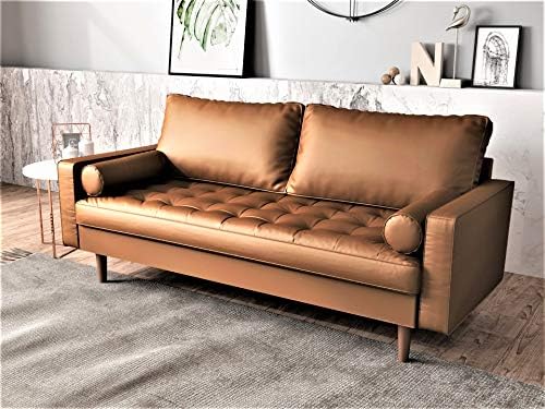 Container Furniture Direct Womble Mid Century Modern Couch with Bolster Pillows, PU Leather Upholstered Tufted Seat, Versatile Retro Design for Comfortable Living Spaces, Loveseat, Coffee Brown