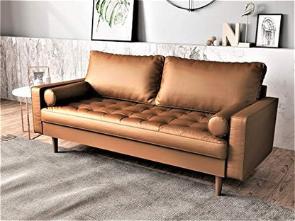 Container Furniture Direct Womble Mid Century Modern Couch with Bolster Pillows, PU Leather Upholstered Tufted Seat, Versatile Retro Design for Comfortable Living Spaces, Loveseat, Coffee Brown