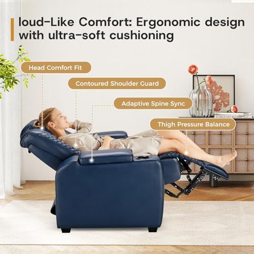ANJ Power Home Theater Seating Set of 3, Blue Faux Leather Electric Recliner Chair with Adjustable Headrest, Dual Motors Movie Reclining Chairs with LED Lights,USB port,Cup Holders, Hidden Arm Storage