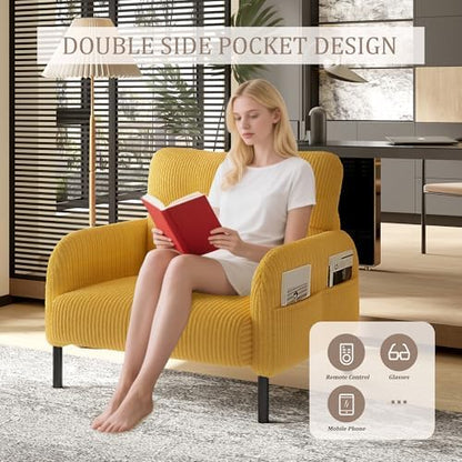 26" Modern Single Couch Sofa, Corduroy Fabric Armchair Upholstered Sofa, Single Sofa Chairs for Small Space, Living Room, Bedroom, Apartment, Yellow