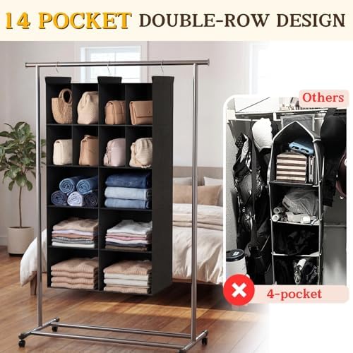 5 Tier Hanging Closet Organizer, 14 Compartments Dual Row Storage, Black