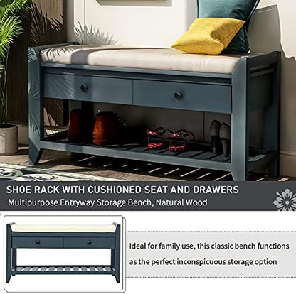 Merax Classic Wood Shoe Storage Bench for Entryway Hallway Front Door Shoe Bench with Drawers and Seat Cushion Navy