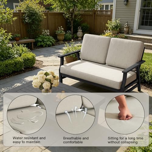 Pia Ricoo Outdoor Premium Teak Wood Loveseat with Armrests & Table, All‑Weather Outdoor Furniture for Backyard, Deck, Lawn, Light Camel/Dark