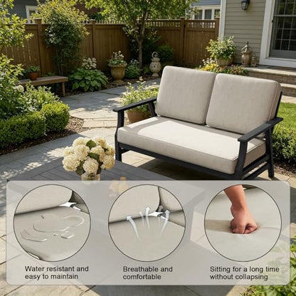 Pia Ricoo Outdoor Premium Teak Wood Loveseat with Armrests & Table, All‑Weather Outdoor Furniture for Backyard, Deck, Lawn, Light Camel/Dark