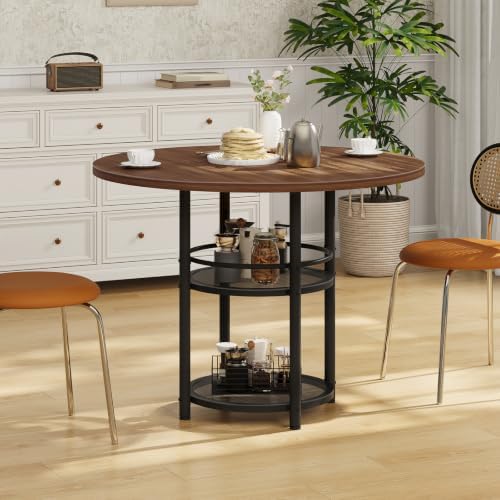 HOOBRO Dining Table, Round Dining Table for 2, 31.5" Kitchen Table for Small Spaces, Farmhouse Small Dining Room Table, 2-Tier Storage, Easy to Assemble, for Living Room, Walnut and Black BH19CZ01
