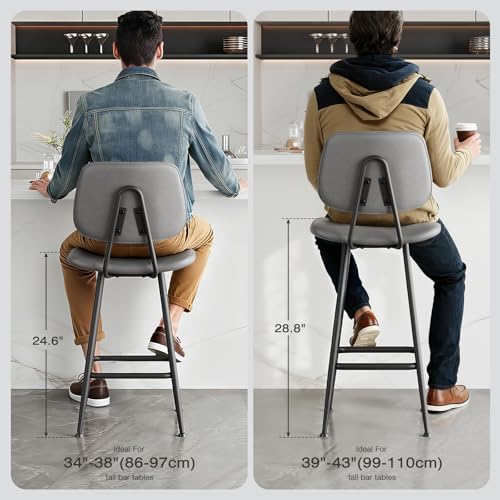 Raynesys 24-Inch Leather Bar Stools Set of 2 with High Backrest, Grey