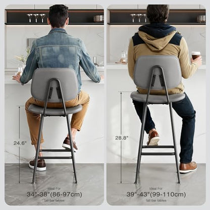 Raynesys 24-Inch Leather Bar Stools Set of 2 with High Backrest, Grey