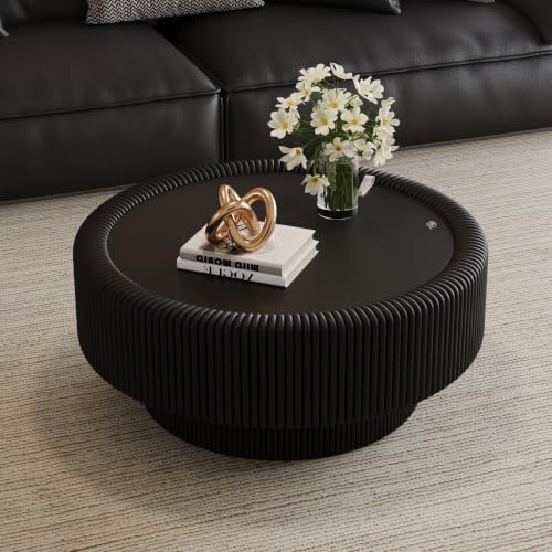 31.5" Black Round Coffee Table with Storage, Tempered Glass Top PU Leather Body & Baked Enamel Base, Modern Minimalist Fluted Circle Center Tables for or Living Room, Bedroom, Apartment