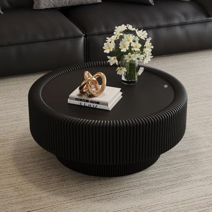 31.5" Black Round Coffee Table with Storage, Tempered Glass Top PU Leather Body & Baked Enamel Base, Modern Minimalist Fluted Circle Center Tables for or Living Room, Bedroom, Apartment