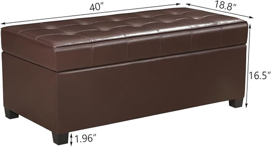 Asense 40" Storage Ottoman Bench, Faux Leather Tufted Upholstered End of Bed Bench with Safety Hinge for Bedroom,Entryway,Living Room,Dark Brown