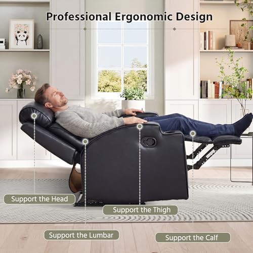 HAOMARKETS Premium PU Leather Manual Recliner Chair for Adults, Overstuffed Recliners with Cup Holders and Padded Backrest, Single Heavy Duty Reclining Sofa for Living Room Bedroom, Black
