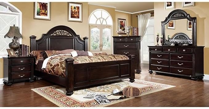First of a kind Queen Size Traditional Bedroom Furniture 5 pc Set in Dark Walnut - Solid Wood Finish, Floral Headboard Design, Antique Brass Hardware - Bed, Nightstand, Dresser, Mirror & Storage Chest