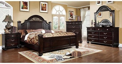 First of a kind Queen Size Traditional Bedroom Furniture 5 pc Set in Dark Walnut - Solid Wood Finish, Floral Headboard Design, Antique Brass Hardware - Bed, Nightstand, Dresser, Mirror & Storage Chest
