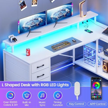 SEDETA L Shaped Gaming Desk with 4 Drawers, Shelves, Power Outlets, White
