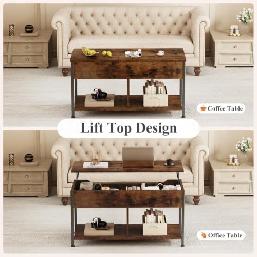 OLIXIS Lift Top Coffee Table, Wood Coffee Table for Living Room Home Rustic Brown