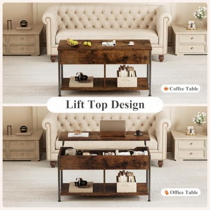 OLIXIS Lift Top Coffee Table, Wood Coffee Table for Living Room Home Rustic Brown