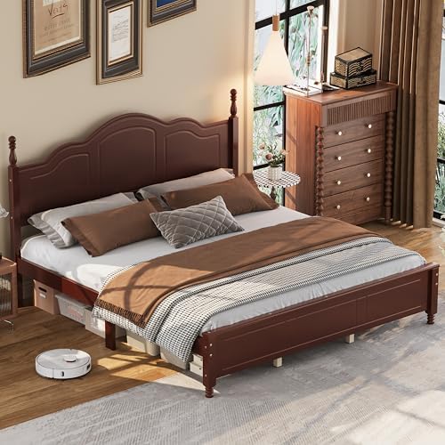 Merax King Size Wood Platform Bed with Retro Wave Headboard, Vintage Bed Frame with Wood Slat Support/Easy Assemble, Dark Walnut