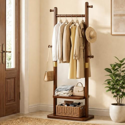 Solid Wood Coat Rack, Freestanding Clothing Rack with 2 Shelves Storage & 5 Hooks, Heavy Duty Clothes Rack Stand for Hall, Bedroom, Living Room
