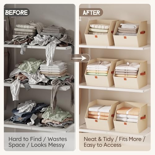 Fabric Closet Storage Cubes - 10 Pack Square Storage Bins with Dual Handles for Clothes, Towels, Toys, Cube Storage Organizers for Bedroom, Nursery, Shelves, Closet, Small Spaces, Beige