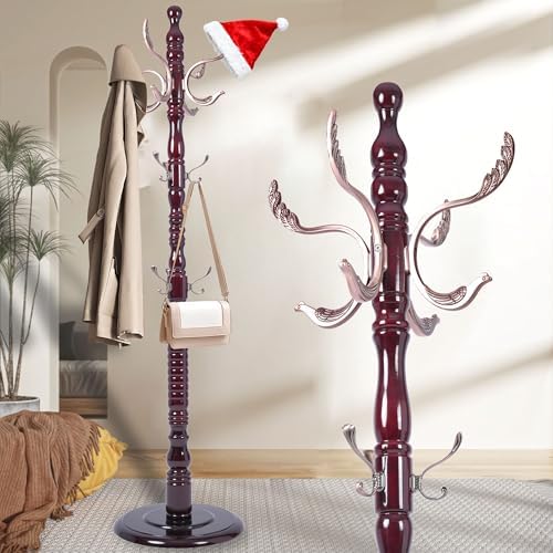 Wooden Coat Rack Freestanding with Round Base, 18 Hooks, Walnut-m